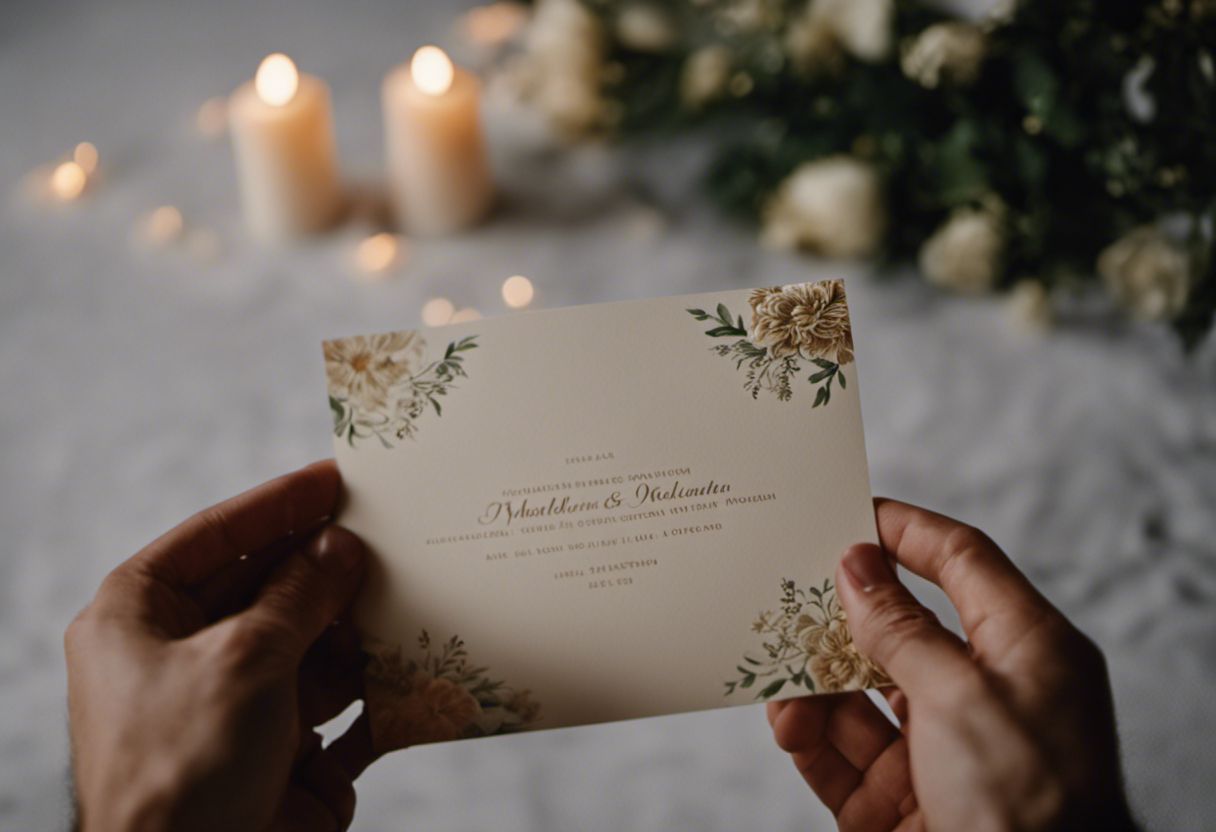 Highly detailed wedding invitation held by professional couple.